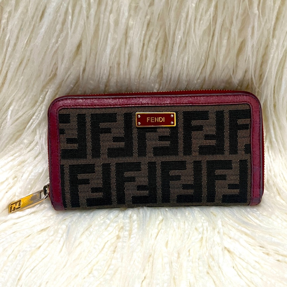 Fendi Burgundy Zucca Canvas Zip Around Wallet w/COA